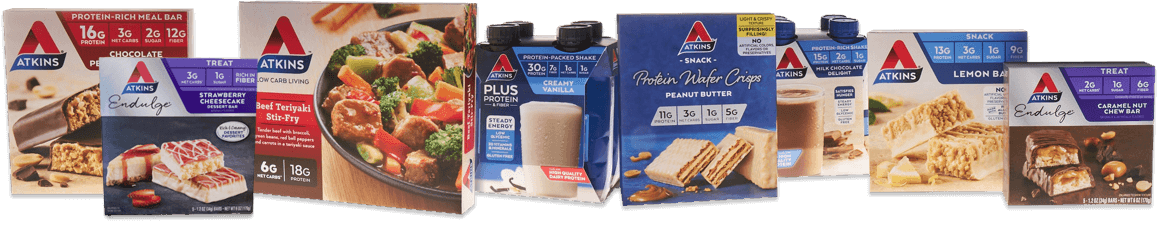A variety of atkins products including shakes, bars, and meals