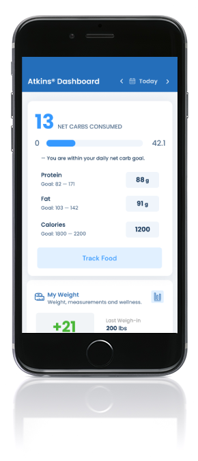 Phone showing the Carb Tracker feature from Atkins' mobile app