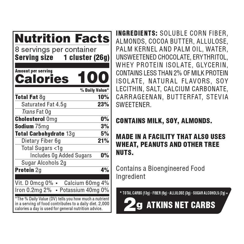 Atkins Keto Caramel Almond Clusters Nutritional Facts Panel
