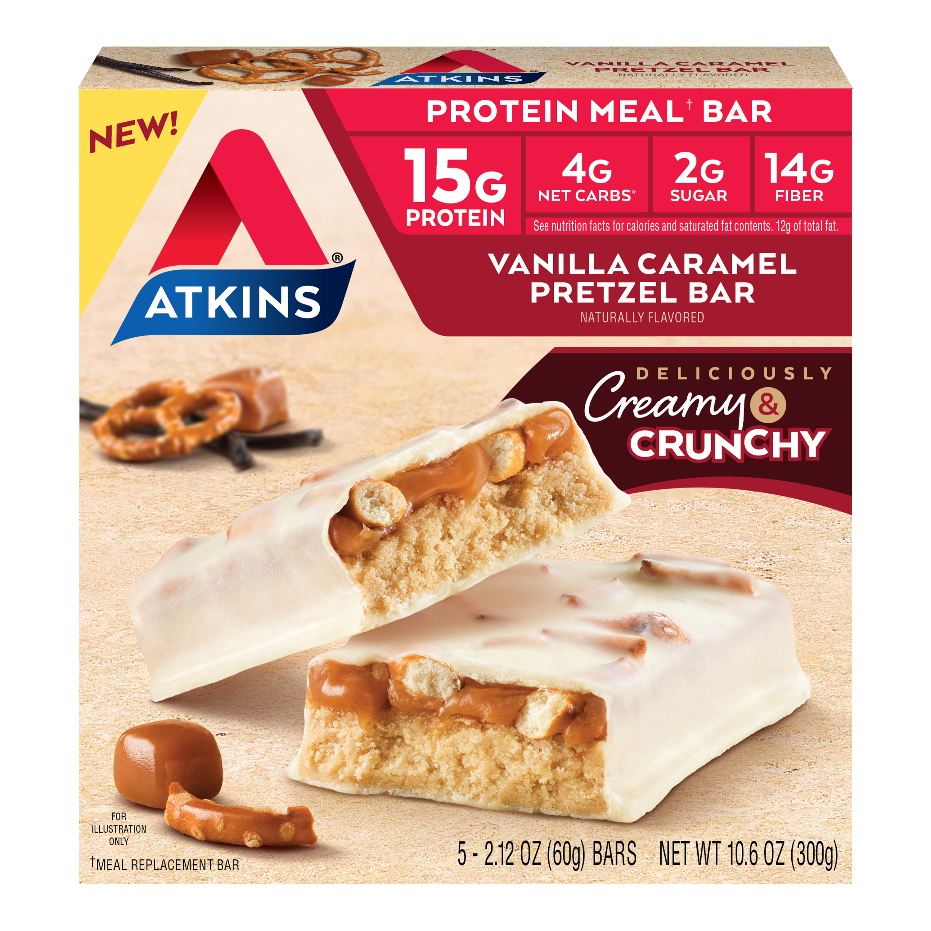 Atkins Vanilla Caramel Pretzel Bar 5 count package